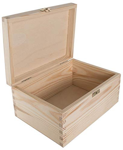 WooDeeDoo Rectangular Wooden Storage Box with Hinged Lid and Clasp – 22 x 16 x 10.5 cm – Unfinished Pine Keepsake Memory Case for Crafts Photos Files Decoration