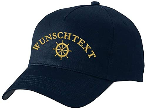 Nashville print factory Basecap Bestickt mit Motiv Anker/Steuerrad/Kompass-Rose Captain Kapitän Steuermann Mütze Cappy (Navy, Steuerrad + Wunschtext)
