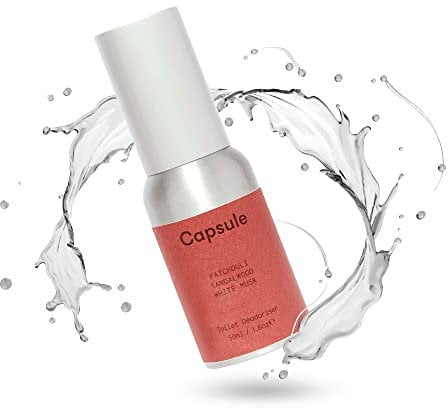 Capsule - Air Freshener Spray for Before and After Toilet Use, Potent Air Freshener for Home and Office Bathroom, In a Portable Toilet Spray Bottle (Patchouli, Sandalwood and White Musk Scent, 50 ml)