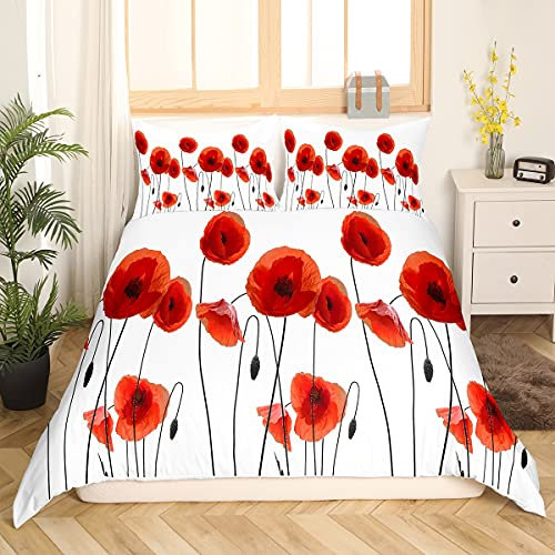 Loussiesd Mohn Drucken Bettwäsche Set Rot Blumen Drucken Bettwäsche 135x200cm Pflanzen Blumen Blätter Mohn Muster Bettbezug Set Weiß Rot Weißh Mikrofaser Bettwäsche mit 1 Kissenbezug 80x80cm