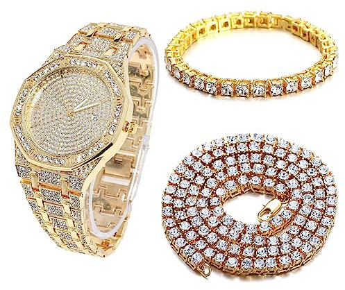Halukakah Diamant Golduhr Iced Out, Männer 18k Echtgold Plattiert Quarz Armband 22cm Achteckiges Zifferblatt, mit Tennis-Ketten Armband 20cm + Halskette 45cm, Kommt mit Geschenkbox