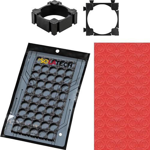 ISOLATECH Brackets für 18650 Lithium Ionen Akkus Batterie Halterung (Hier: 50 Stück) mit selbstklebenden Pluspol Isolierungsring Isolatoren in rot Set