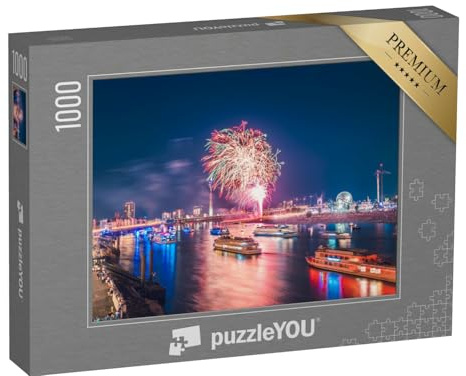 puzzleYOU: Puzzle 1000 Teile „Feuerwerk über dem Rhein in Düsseldorf, Deutschland“ – aus der Puzzle-Kollektion Nordrhein-Westfalen