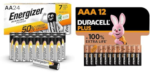Alkaline Power AA, 24 Pack & Duracell Plus Piles AAA (Lot de 12) - Alcalines 1,5V - Idéales pour Les appareils du Quotidien - Emballage 0% Plastique - Conservation 10 Ans - LR03 MN2400