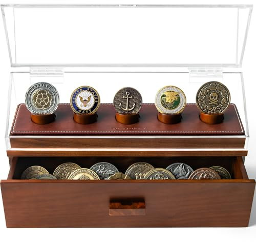 Challenge Münzvitrine – The Coin Deck Dark Wood 5 Challenge Münzkoffer Halter zum Präsentieren verschiedener Größen – zweistufiges Münzetui mit Display und 3 reihigen Schubladen – Militär-Münzvitrine