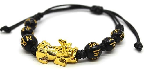 Vepoty Schwarzer Feng Shui Perlenarmband, Einstellbares Obsidian Armband Pi Xiu Armband Handgeschnitztes Amulett Für Viel Glück Reichtum