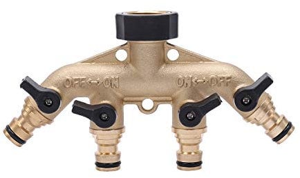 LINZI Distributore a 4 Vie in Ottone per Tubo da Giardino, Divisorio Connettore per Rubinetto dell'Acqua con Valvole On/off Individuali e Raccordi Rapidi per Irrigazione