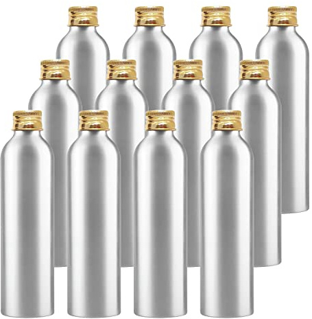 ZEOABSY 12 Pieces Empty 250ml Silver Aluminium Bottle with Gold Aluminium Screw Cap Travel Metal Bottles for Cosmetic Shampoo Body Washing Gel Essential Oil Liquid Travel