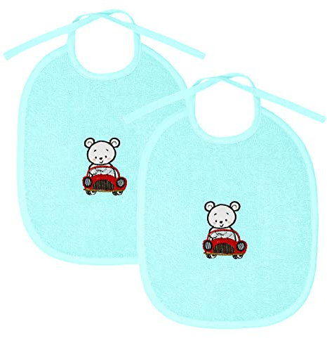 Lashuma Kinderlätzchen mit Binde Bändern Stick: Auto, 2x Sabber Lätzchen blau, Babylatz Set für Jungs 25x30 cm