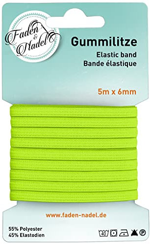 Faden & Nadel 6 mm Gummilitze : elastisches Gummiband, 10 m lang, Kochfest u. bügelbar, (Neon-Gelb)