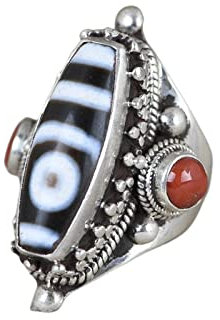 HGJH Ringe Silber, Sterling Silber Ringe Frauen 925 Tibetische Exotische Neun Augen Dzi Bead Verstellbare Ringe Nepal Amulett Sammeln Verstellbare Ringe Energie Charme Schmuck Für Männer Damen