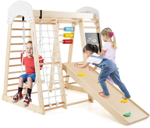 RELAX4LIFE 8 in 1 Triangolo da Arrampicata Multifunzione, Parco Giochi in legno Massello con Scivolo, Altalena e Lavagna, Uso Interno, per Bambini 1 a 5 anni (Modello 3 Naturale)