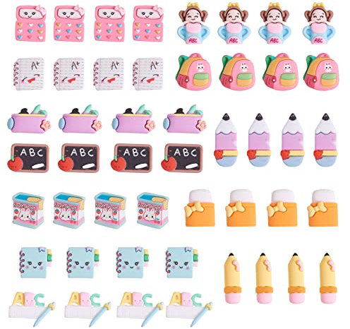 BEEFLYING 48 Stück Schule Thema Harz Cabochons Flatback Slime Harz Charms Assorted Buch Radiergummi Cartoon Cabochon für DIY Crafts Scrapbooking Phone Case Decor