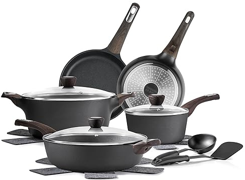 SENSARTE Set di pentole e padelle antiaderenti, atossiche e salutari a induzione, set da 14 pezzi antiaderenti con padelle e casseruola, senza PFOA PFOS APEO, nero