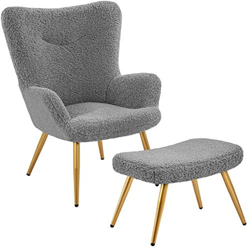 Yaheetech Boucle Armchair, Sherpa Fuzzy Tub Chair, Lounge Chair with High Back and Ottoman Footstool for Living Room, Bedroom, Study, Grey