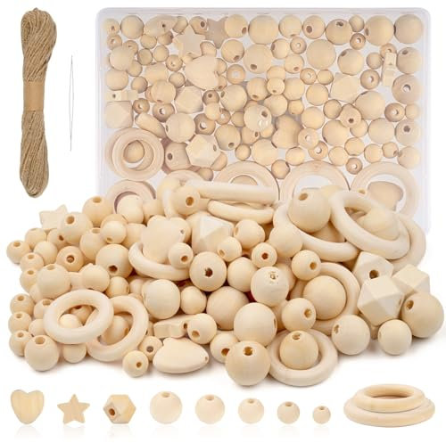 Tikplus 130 Stück Holzperlen Set, DIY Holzperlen zum Auffädeln, Rnthalten Runde Perle, Holzringe, Stern, Liebe Form, Perlen mit Loch Ketten Selber Machen, Wooden Beads für DIY Schmuck Herstellung