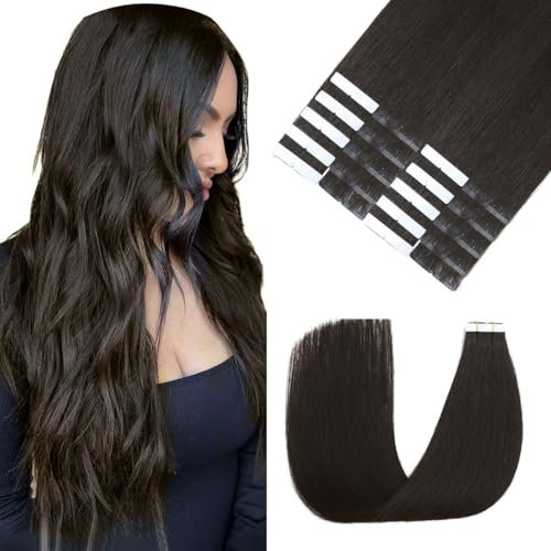Sindra Tape in Extensions Echthaar Real Human Hair Natürliches Schwarz 20pcs 50g 45cm Invisible Tape in Extensions Echthaar Remy Seidig Gerade Skin Weft T#1B 18 Zoll