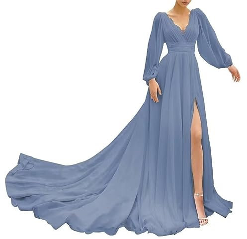 HPPEE Evening Prom Dress for Juniors Long Sleeve V Neck Long Wedding Bridesmaid Dress with Slit Dusty Blue UK24