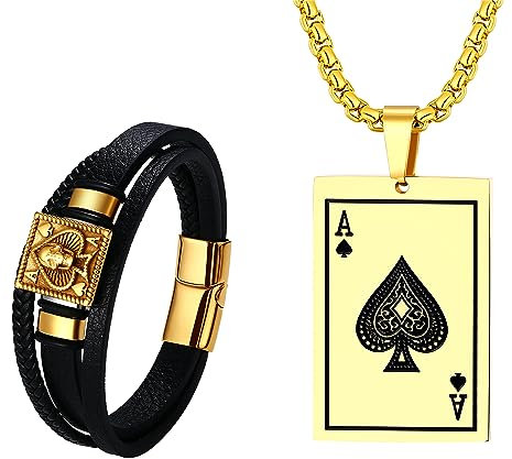 Flongo Herren Kette Leder Armband Set - gold Edelstahl Halskette chain mit Poker Pik-Ass Anhänger 56 cm schwarz Lederarmband mit Pokerkarte Totenkopf Ketten Für Damen Männer mit Geschenkbox