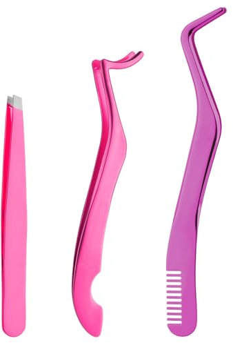3 Pièces Pince à Cils, Acier Inoxydable Pince à Épiler Cils Outil Applicateur de Faux Cils Pince à Faux Cils Fournitures d'Extension de Cils pour Débutant Filles Maquilleuse (Rose)