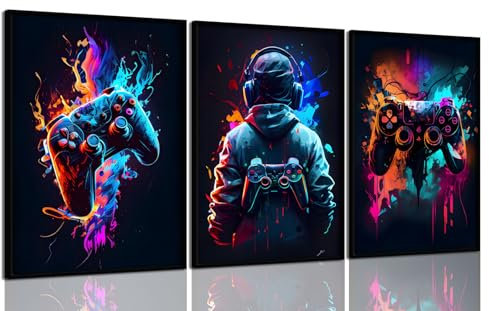 3Pcs Cool Gaming Wall Art Retro Video Game watercolor Posters Pictures Colorful Neon Gamepad Canvas Painting Prints for Boys Room Kids Game Room Accessories Bedroom Home Decoration Unframed (Colorful,