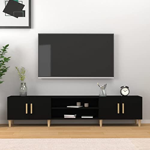 Homvdxl 180cm Wide TV Stand Unit, TV Cabinet for up to 70 Inch TV, TV Table with 4 Doors and Wood Legs, 180x31.5x40 cm, for Living Room, Bedroom - Black