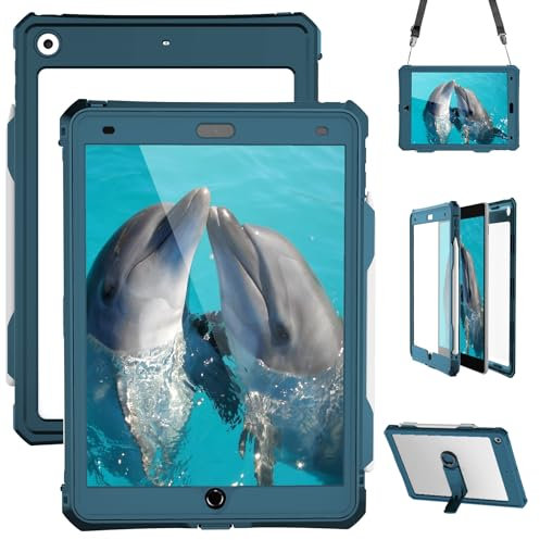 MRUOZRUI Hülle für iPad 9. 8. 7. Generation, wasserdicht, Ganzkörper-Schutzhülle mit integriertem Displayschutz, Stifthalter, Ständer, Schultergurt für iPad 9. 8. 7. Generation 10,2 Zoll, Blaugrün