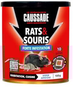CAUSSADE Anti Rats & Souris - Forte Infestation - Lieux secs & humides - 40 Sachets pâtes - Prêt à l'emploi - Une Ingestion Suffit - Fabriqué en France - 600g - CARSPT150NX4