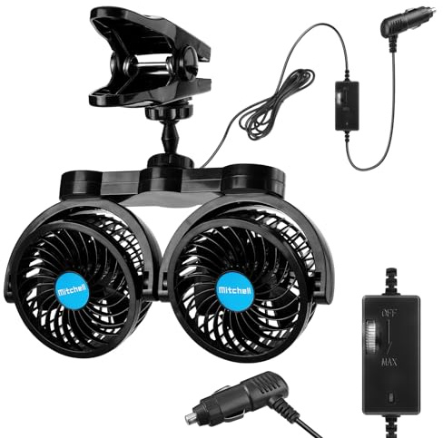 12V Car Fan, Dual Head 4 Inch Clip Car Fan 360°Rotatable Front/Back Seat Adjustable Fan with Stepless Speed Regulation for Car,