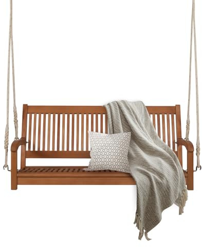 KOMFOTTEU Hängebank Eukalyptusholz, Schaukelbank 2 Sitzer, freihängende Hollywoodschaukel mit Armlehne, Schaukelstuhl bis 360 kg, Hängeschaukel für Balkon Garten Terrasse, Natur 126 x 62 x 60cm