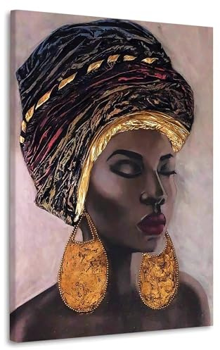 Afrikanische Frau Gold Earrings Leinwandbild Wandbild Deko Kunst XL Größe 40x60x2cm
