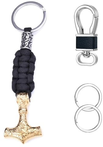 JHBTFQ Viking Keyring Thor's Hammer Mjölnir Stainless Steel with Umbrella Cord Odin Car Backpack Pendant Nordic Amulet Gift,Gold
