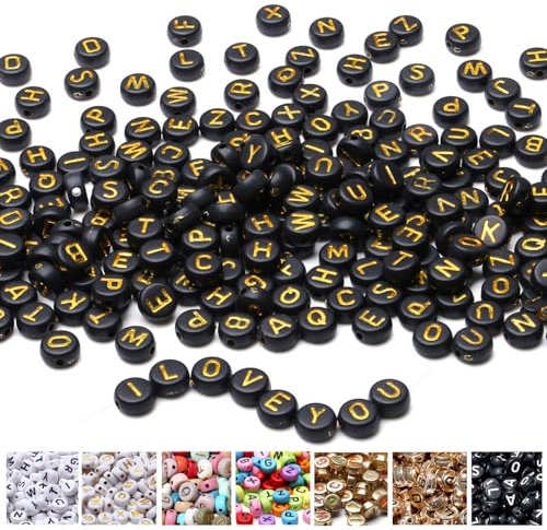 AWARDSEN 1500 Stück Buchstabenperlen für Armbänder Schwarzer, 7 mm Acryl Perlen, Gold Buchstaben Für DIY Geeignet Halsketten Armbänder handwerk