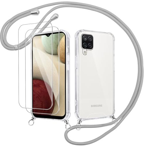 Votvloay Handykette Handyhülle für Samsung Galaxy A12 4G 6,5 Hülle mit Band - mit 2 x Schutzfolie,Transparent Case mit Kordel zum Umhängen,Weich Silikon TPU Stoßfest Schutzhülle für Samsung A12,Grau