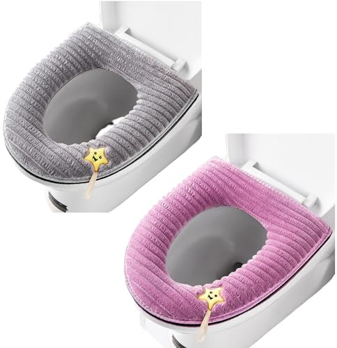 2 Pieces Thicker Bathroom Soft Toilet Seat Cover Pad with Handle Toilet Lid Cover Cushion Soft Thicker Washable Fits All Oval Toilet Seats (Gray+Pink)