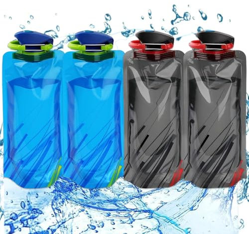 MQWDGJ Faltbare Trinkflasche, 4 Stück Wiederverwendbare Trinkflasche, 700ml Flexible Wiederverwendbare Wasserflasche Faltbare Trinkflasche Festival für Wandern Abenteuer Reisen(Schwarz, Blau)