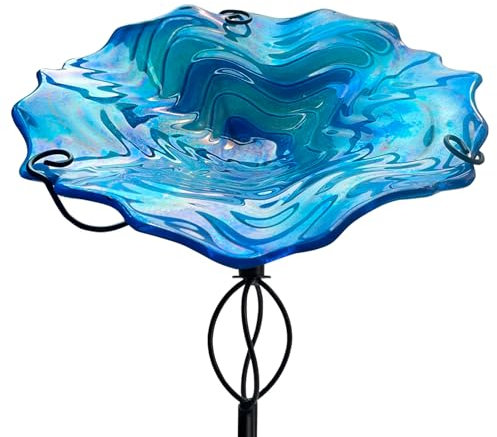 HONGLAND 81,3 cm hohe Vogeltränke für den Außenbereich, Glas-Vogeltränken, Vogelfutterstation für den Außenbereich, mit Metallpfahl, Garten, Hof (blau)