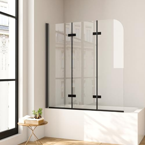 Badewannenaufsatz 140 x 140 cm 3-teilig Duschwand für Badewanne faltbar mit 6 mm Sicherheitsglas (ESG) Klar hell Profilfarbe Chromoptik Duschabtrennung für Badewanne,Schwarz