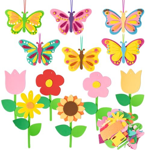 BOOMTOP 12 Stück Frühling Bastelset Kinder Schmetterling Blumen Basteln Moosgummi Aufkleber Selbstklebend Glitzer Schaumstoff Sticker Kreativset zum Aufhängen für Kindergeburtstag Fenster Zimmer Deko
