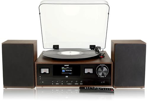 Denver MRD-52 Record Player Hi-Fi System With 2.4-inch Colour Screen - CD Player, DAB/DAB+ & FM Radio, Bluetooth, Aux In, Remote Control, Wooden Body & Speakers – Dark Wood