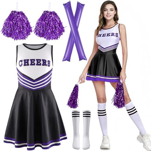 Cheerleader Kostüm Damen,Cheerleading Outfit Mädchen,Cheer Uniform Outfit Kleid mit Pompoms Socken Inflatable Stick,High School Cheerleader Kostüm,Kostüm Cheerleader für Karneval Mottoparty