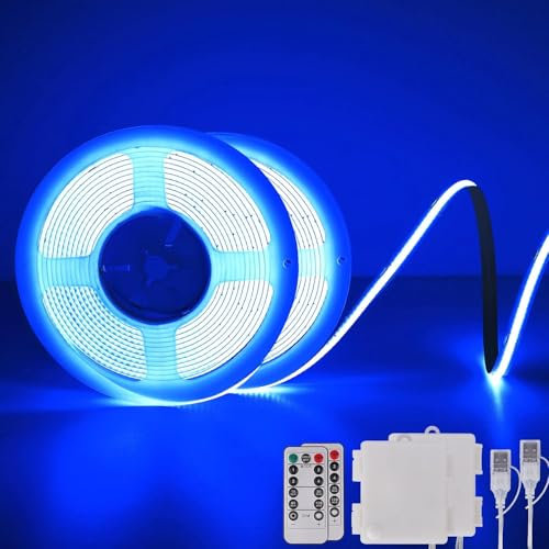 COB LED Strip Lights, Battery Operated with Remote Control, 2 m 640 LED Light Strip, Dimmable, Cuttable, Flexible LED Strip Light for TV, Computer, Bicycle, Car Decoration, Blue, Pack of 2