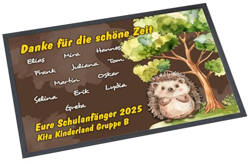 Unikatolo Fußmatte Kita Abschiedsgeschenk Erzieherin Motiv mit Namen und Text personalisiert- Kindergarten Schulanfang Geschenk, Teppich, Fußabtreter, Schmutzfangmatte, Vorleger (60 x 40 cm) Igel