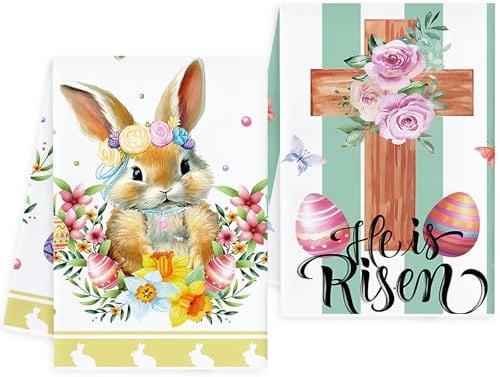 Vspek 2 Stück Ostern deko Easter Küchenhandtücher, Kaninchen Häschen Ei Geschirrtücher Osterndeko, Lustigen Badezimmer Dekor, Frühling Bunt Tischdeko Saisonale Osternhandtuch