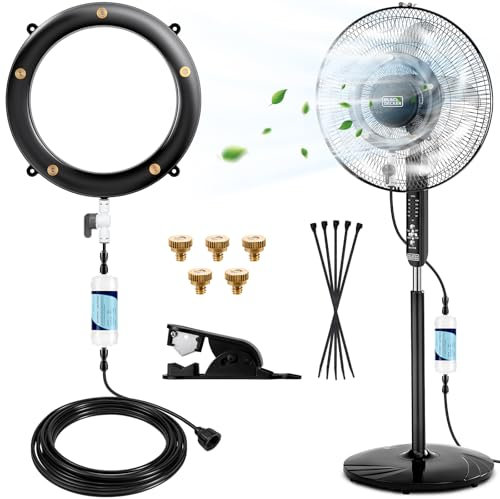 Verbessertes Nebel für die Außenterrasse, tragbares Ventilator-Nebel-Set mit Schlauchfilter + 5 Messing-Nebeldüsen + 1,9 cm Adapter, Wassernebel-Kühlsystem für Terrasse, Garten, Hinterhof