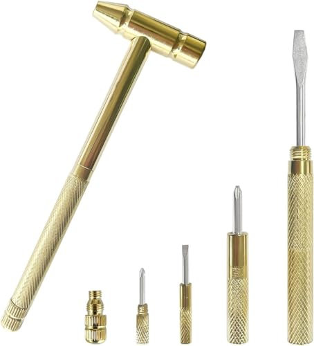 1Set Gold Mini Brass Hammer with Screwdriver Hand Tools Multifunction 6 in 1 Jewelers Copper Hammer for Repair Mobile Phones,Laptops,Watches,Glasses
