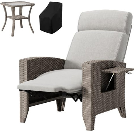 haiorjun Relaxsessel Garten Rattansessel Set, Gartensessel Wetterfest Rattan Sessel Outdoor mit Abdeckung und Beistelltisch, Ergonomische Relaxliege mit Verstellbarer Rückenlehne und Sitzkissen
