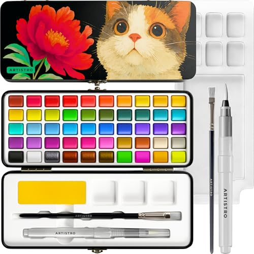 ARTISTRO 50 Watercolour Paint Set - Vivid Colors in Portable Box, Palette set - Perfect Travel Watercolour Set for Artists, Amateur Hobbyists and Painting