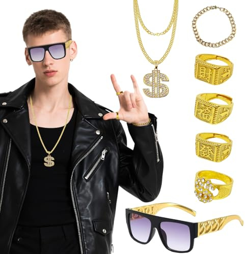 SAIIURV 7 Stücke Zuhälter Kostüm, Hip Hop Rapper Kostüm, 80er 90er Jahre Outfit Herren Hip Hop Kostüm, Goldene Dollar Kette Ring Sonnenbrille Hanzi-Ringe für Karneval Fasching Mottoparty (Gold)