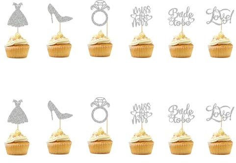 Gleemix Glitzer Tortendeko Hochzeit mit Schuh, Brautkleid, Ring, Miss to Mrs, Bride to Be und Love, 12Stk Silber Cupcake Topper für Verlobung Hochzeiten Thema Party, Brautdusche Kuchen Deko Hochzeit